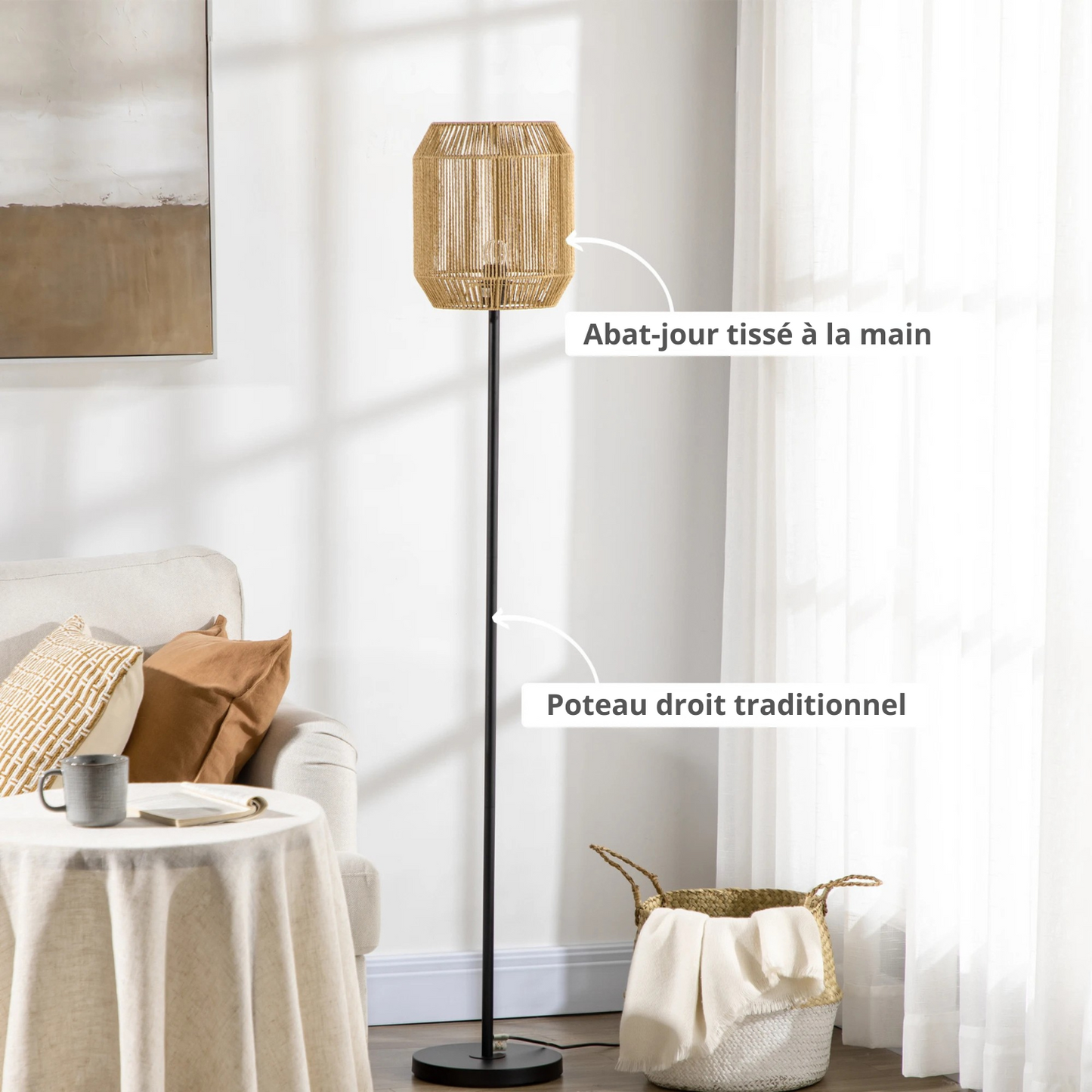 Lampadaire Artisanal Moderne – Corde de Papier et Métal