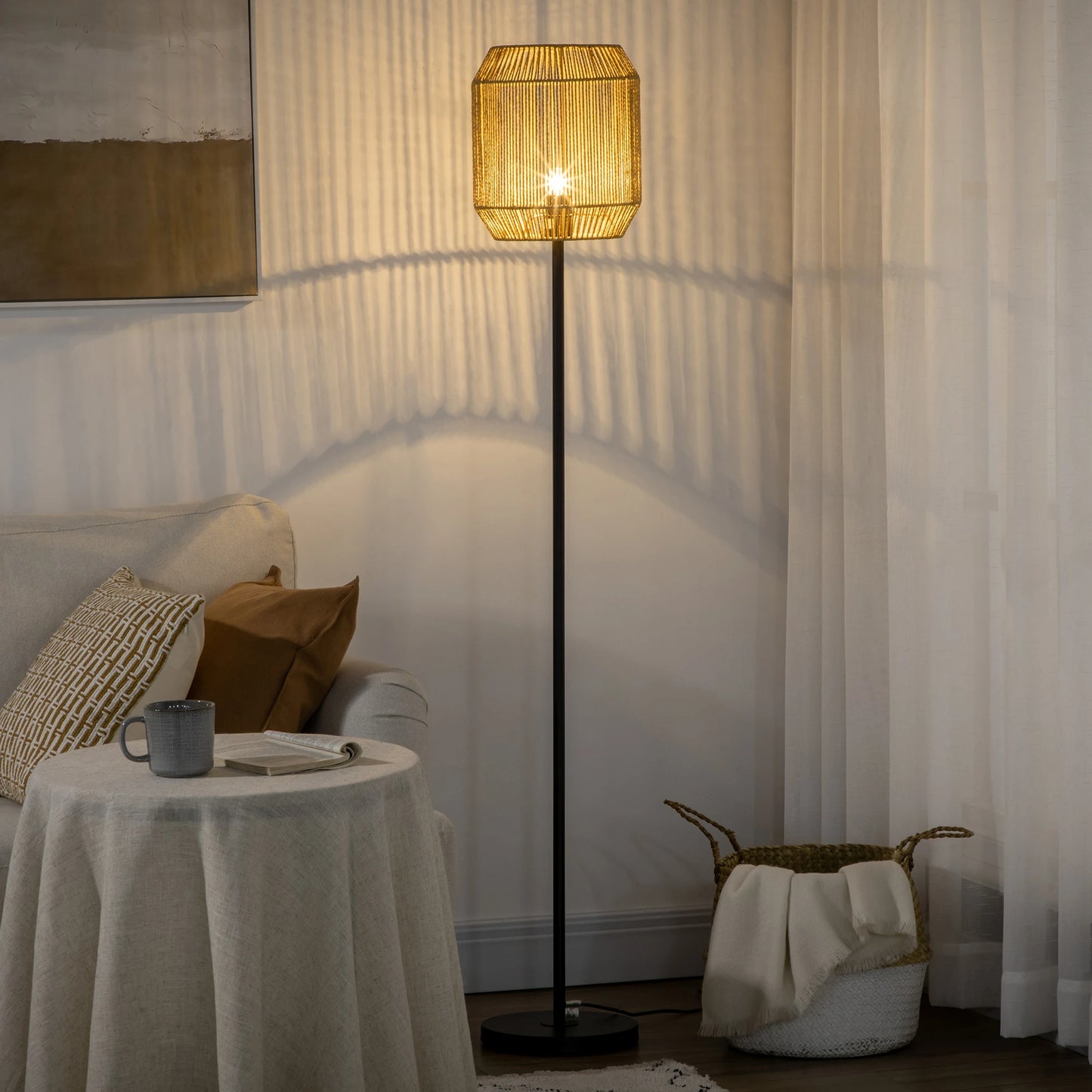 Lampadaire Artisanal Moderne – Corde de Papier et Métal