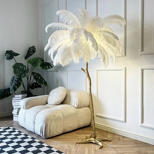 Lampe sur pied design - Plumes Luxueuses, Cuivre Plaqué et LED